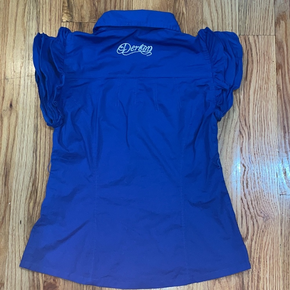 Y2K Dereon Blue Ruffle Sleeve Snap Front Shirt L